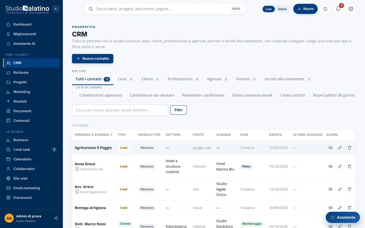 CRM: un solo elenco di lead, clienti, professionisti e iscritti, con filtri e viste salvate