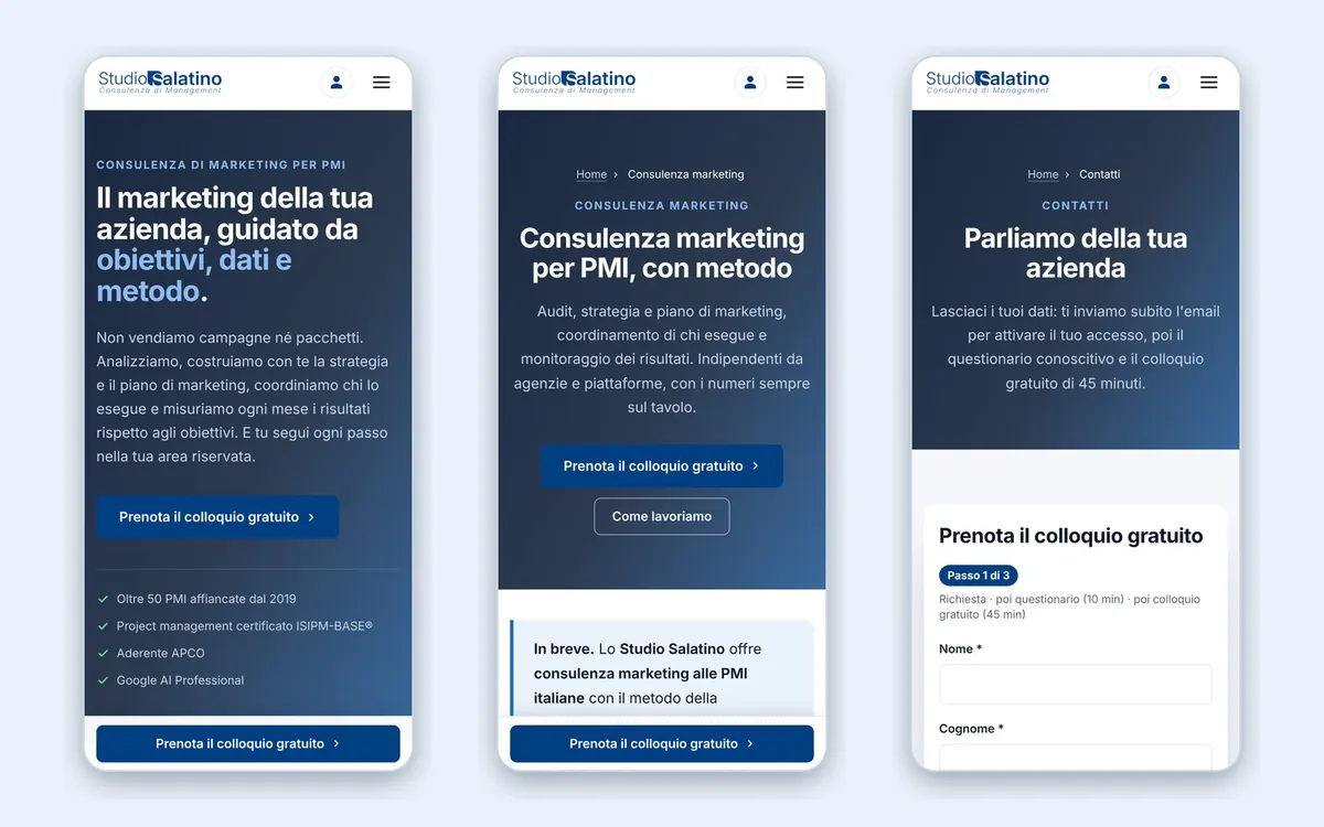 Il sito da smartphone: home, servizio e contatti