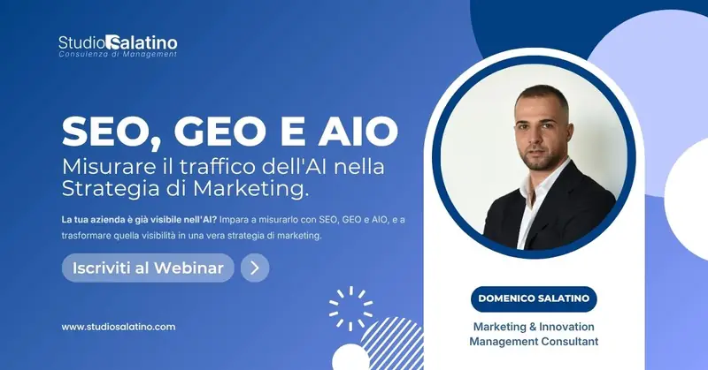 Locandina del webinar "SEO, GEO e AIO: misurare il traffico dell'AI nella strategia di marketing" con Domenico Salatino